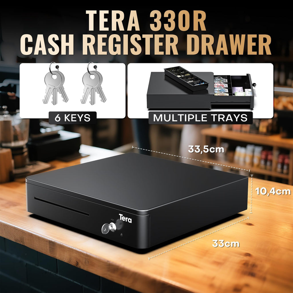 Tera Elektronische Kassenschublade mit 1 Herausnehmbarem Münzfach, geldscheine Geldlade touch, 4 Geldscheinfächern und 1 Medienfach, Geldschublade für kleine Unternehmen Geschäfte, Modell 330R