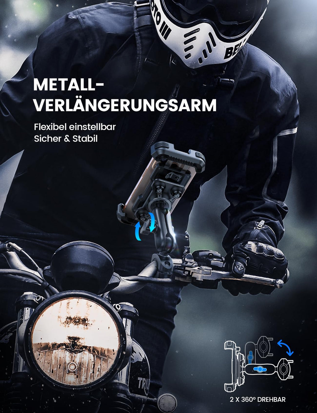 Lamicall Handyhalterung Motorrad, Handyhalter Fahrrad - [Metall-Verlängerungsarm] [Doppelt Vibrationsgedämpft] Handy Motorradhalterung Diebstahlsicher, 720° Drehbarer Lenker Halter für iPhone 17/16/15