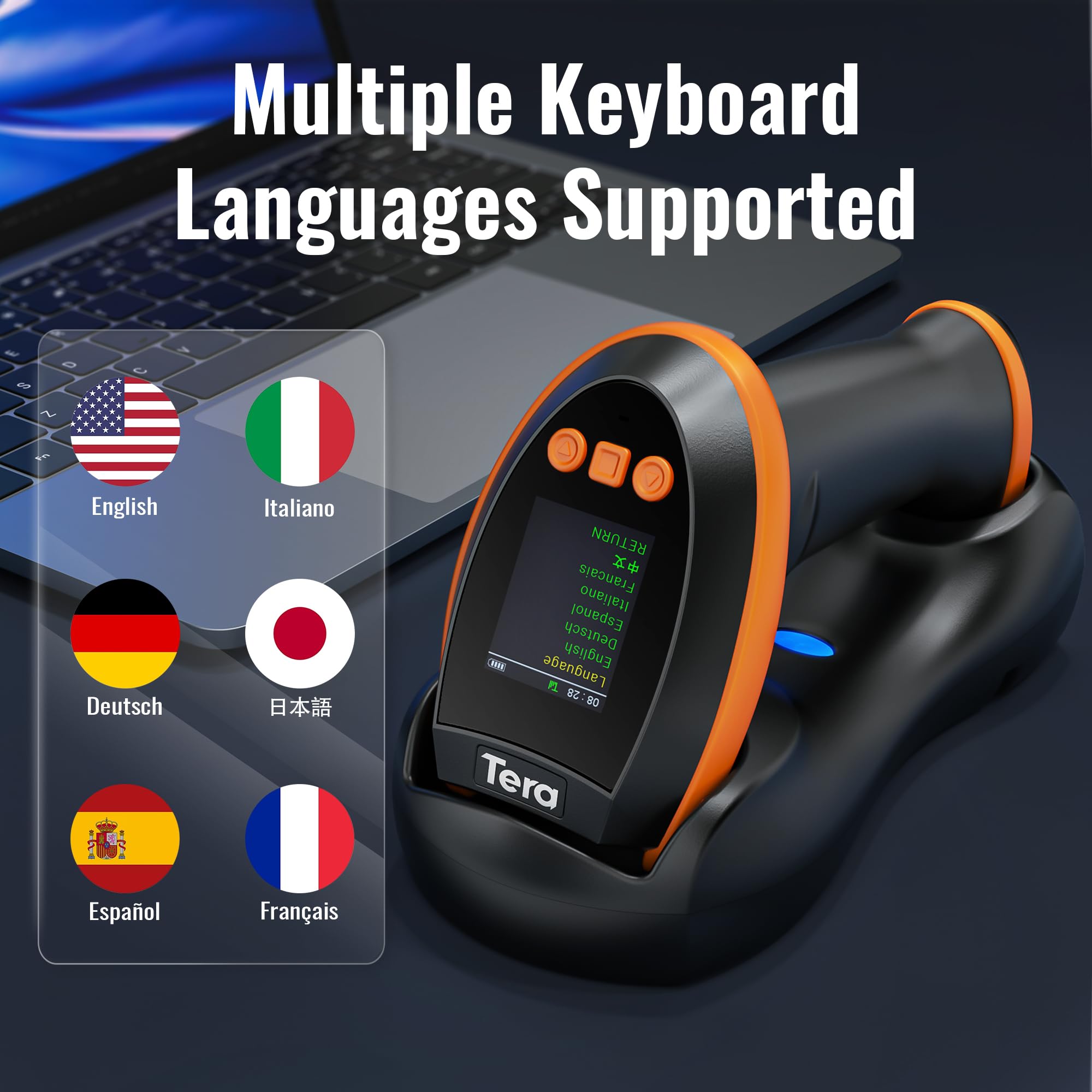 Tera Barcode-Scanner Kabellos Ladestation: 1D 2D QR mit digitalem Einstellungsbildschirm & Tastenfeld Schnellscan Bluetooth 2.4G & USB-Kabel deutsche Anleitung HW0009