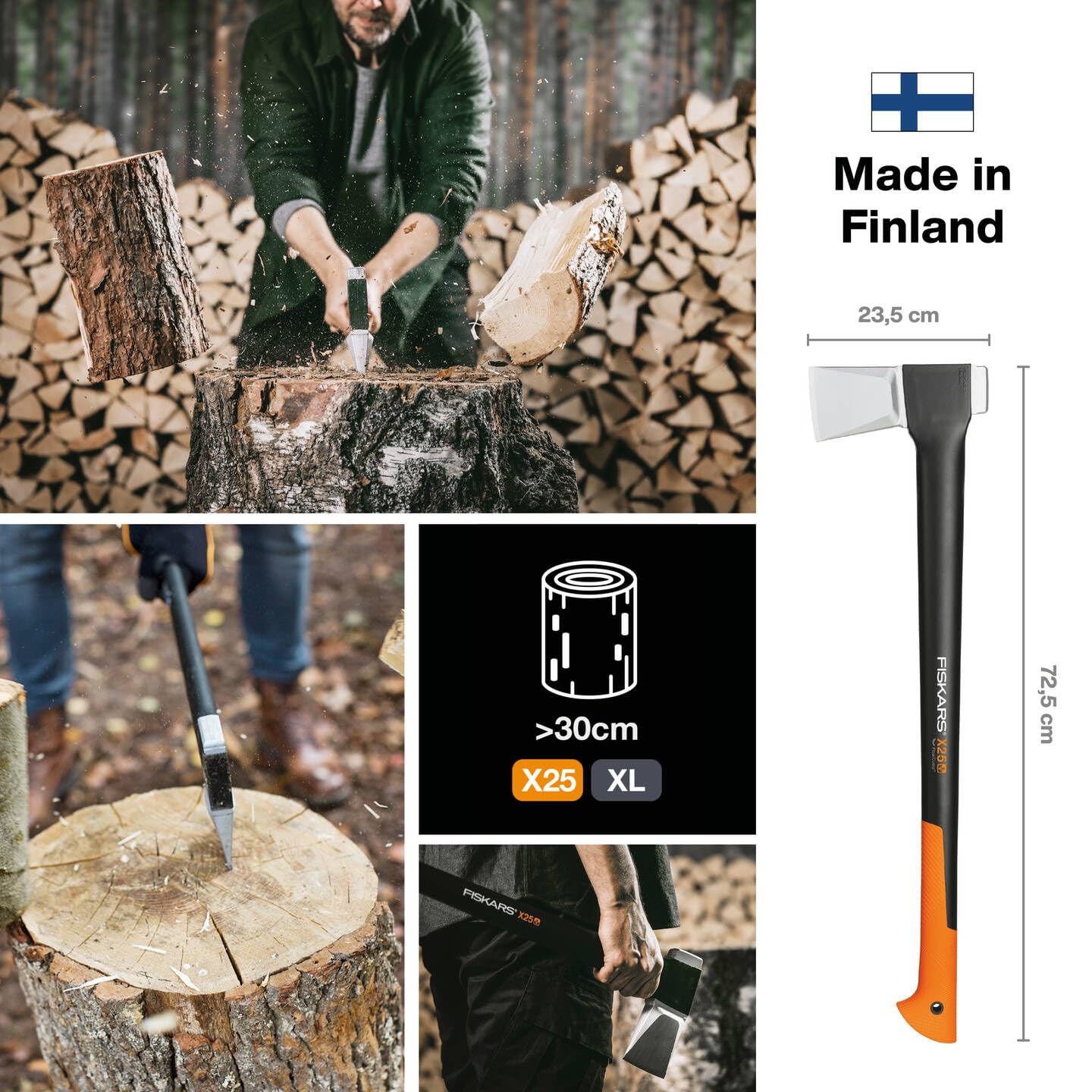 Fiskars Spaltaxt, Inklusive Klingen- und Transportschutz, Länge: 72 cm, Antihaftbeschichtet, Hochwertige Stahl-Klinge/Glasfaserverstärkter Kunststoff-Stiel, Schwarz/Orange, X25–XL, 2,4 kg, 1015643