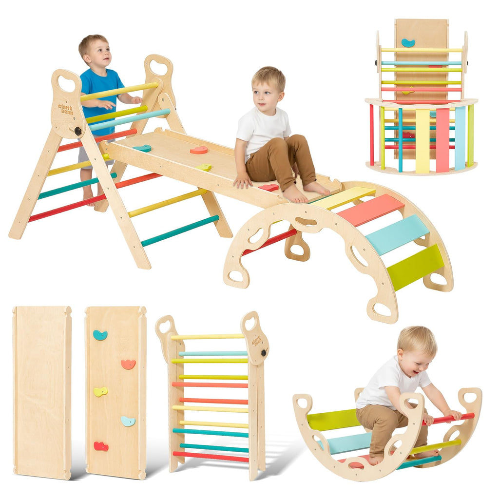 Giant bean 5-in-1 Montessori Kletterdreieck mit Kletterbogen und Rutsche, Holzdreieck für Kleinkinder ab 2-5, Indoor Kletterspielzeug, Regenbogen mit Griff (M)