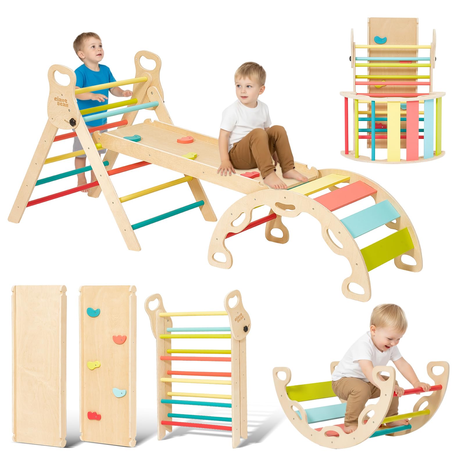 Giant bean 5-in-1 Montessori Kletterdreieck mit Kletterbogen und Rutsche, Holzdreieck für Kleinkinder ab 2-5, Indoor Kletterspielzeug, Regenbogen mit Griff (M)