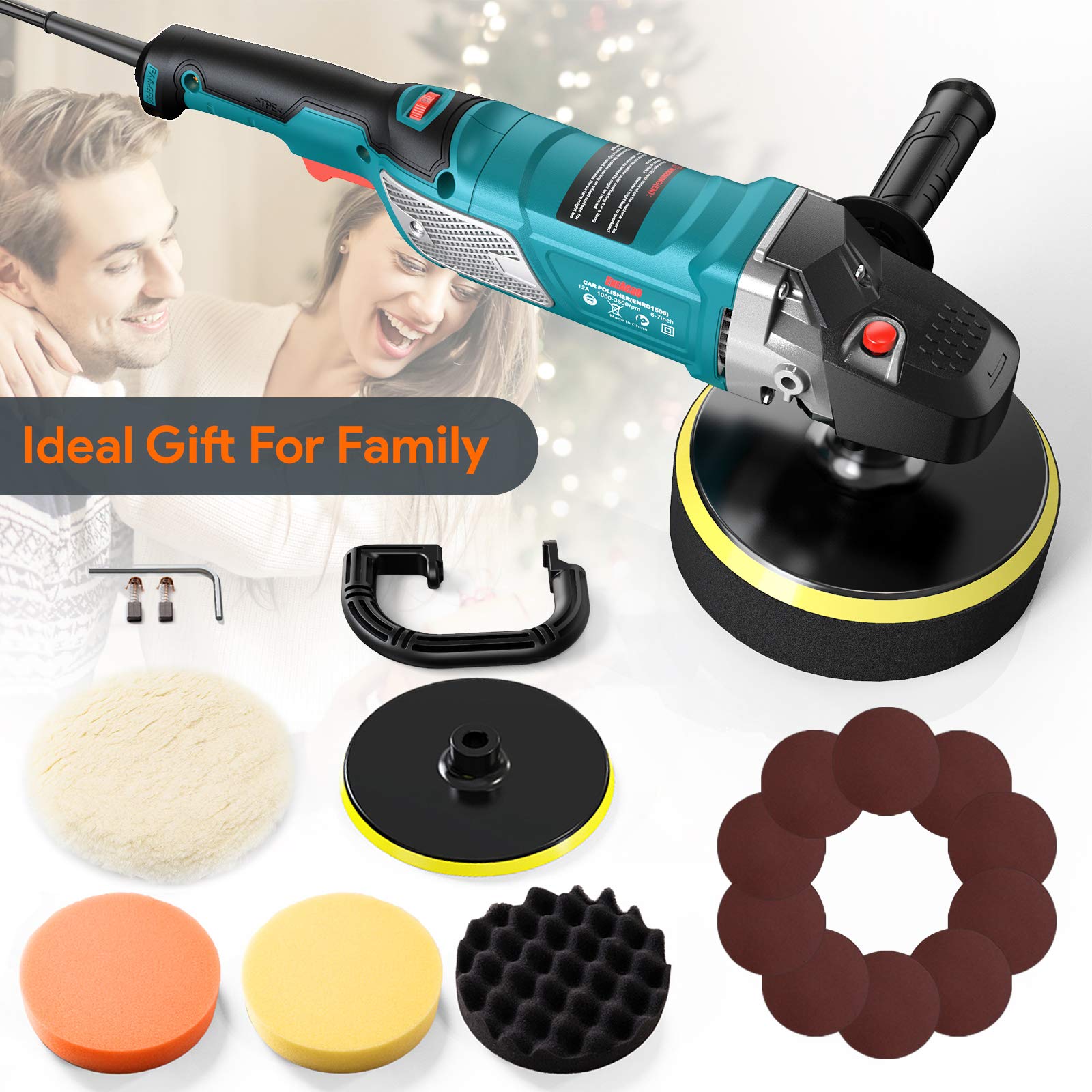 ENEACRO Poliermaschine,1500W Polierer 6 Variable Geschwindigkeit mit 150/180mm Polierteller, D-Griff und Seitengriff, mit 150mm Polierschwamm/Schleifpapier, zum Polieren von Auto, Glas