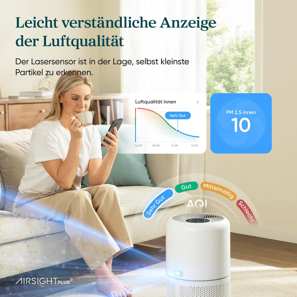 LEVOIT Luftreiniger mit HEPA Luftfilter gegen 99,97 Prozent Schimmel Staub Pollen Tierhaare, Luftqualitäts-Feedback und Auto-Modus, CADR 240m³/h für Raucherzimmer, Air Purifier 22dB Schlafmodus Timer