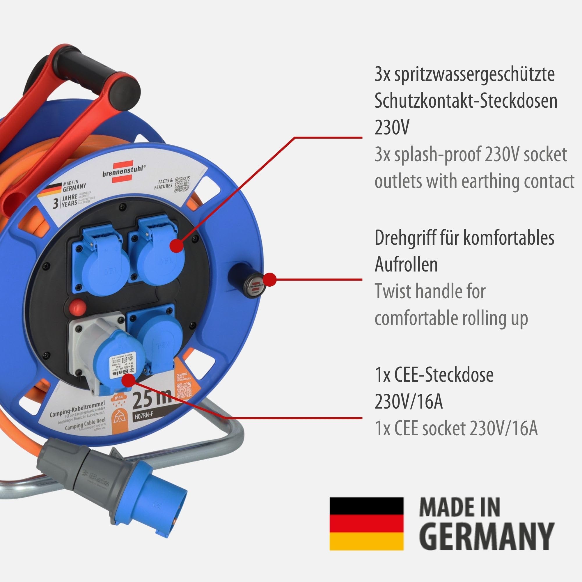 Brennenstuhl Garant Camping-Kabeltrommel/CEE 230V Kabeltrommel 25m (H07RN-F 3G2,5 Kabel in der Signalfarbe orange, für den ständigen Einsatz im Außenbereich IP44, Made in Germany)