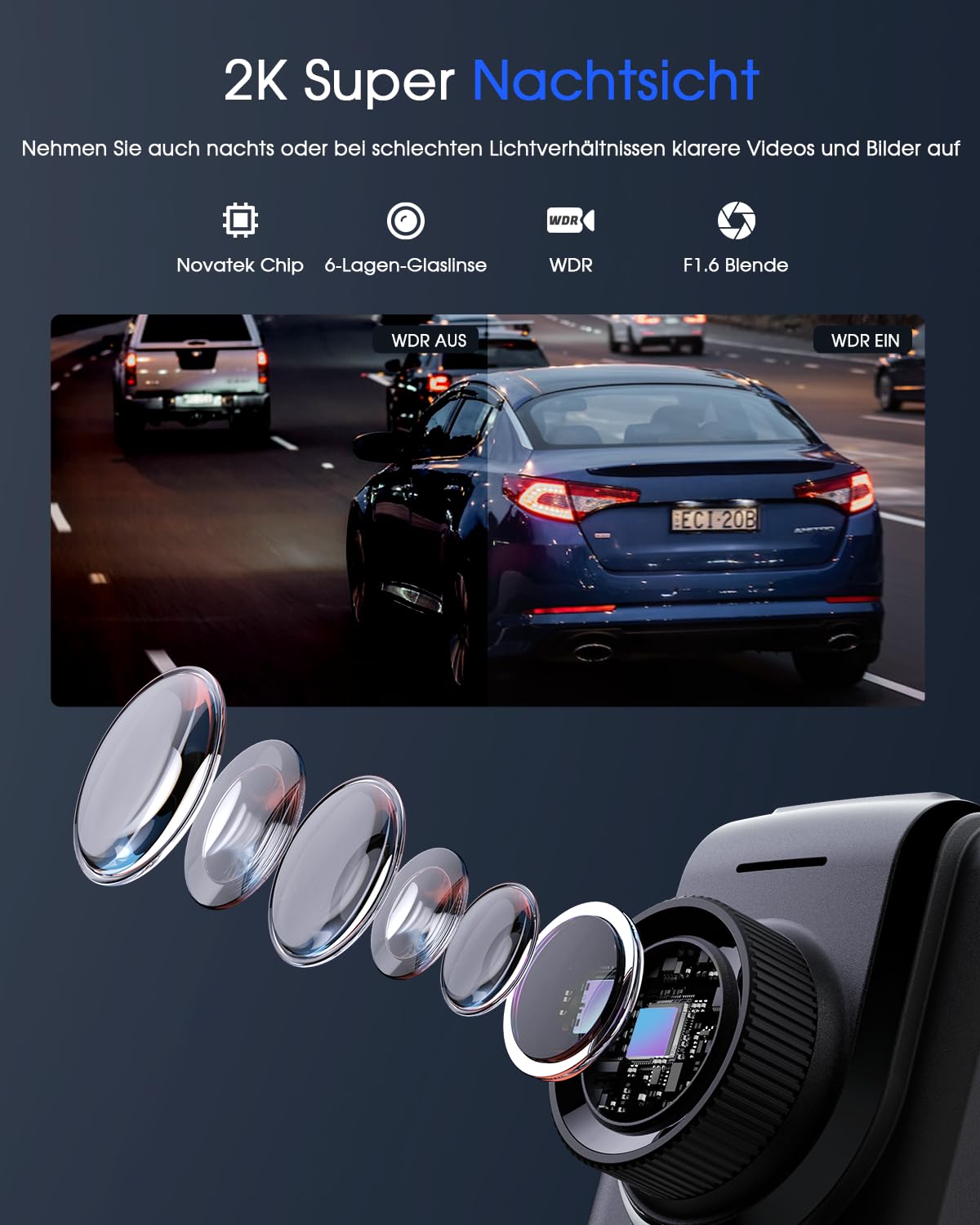 Avylet Dashcam Auto WiFi 2K, Mini Vorne Autokamera Unterstützt externes GPS-Modul, 1.5" IPS-Bildschirm, APP, Ultra Nachtsicht & 150° Weitwinkel, WDR, 24/7 Parkmodus mit Bewegungserkennung, G-Sensor
