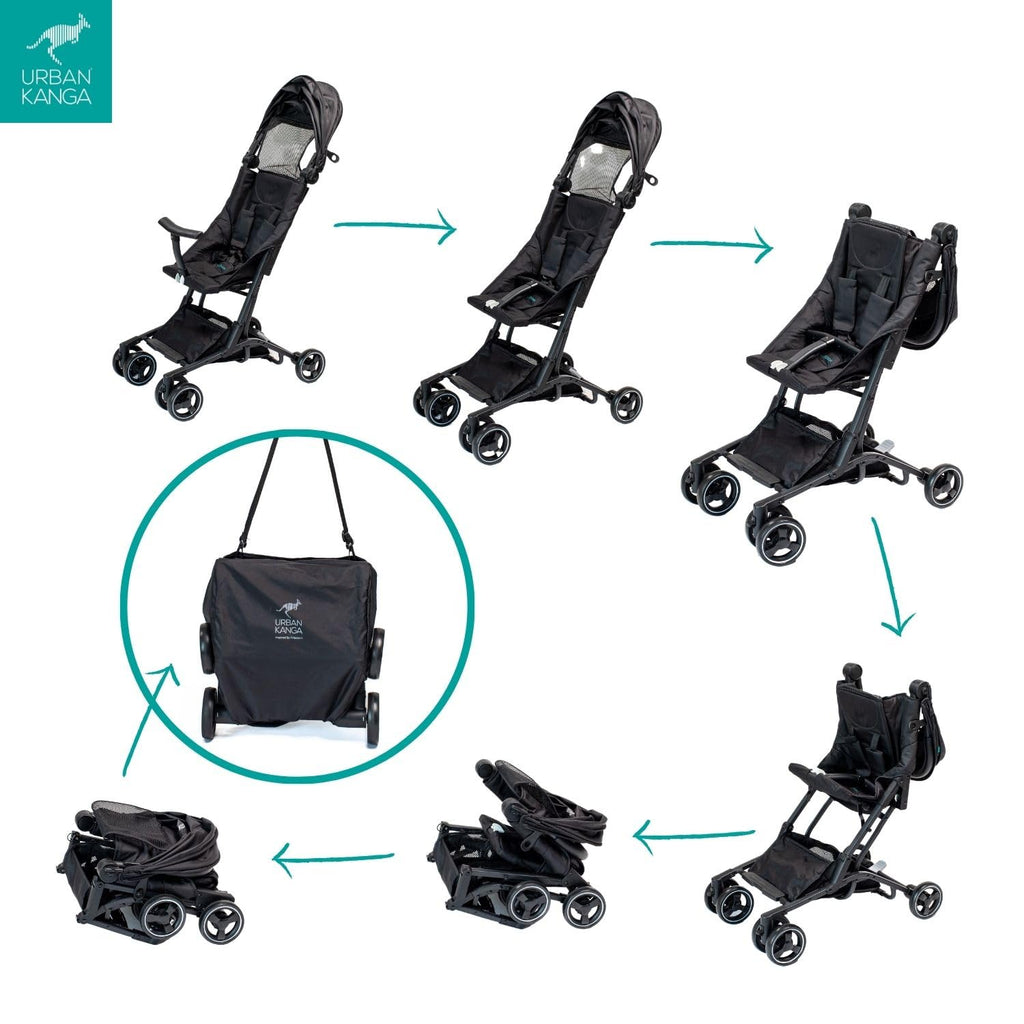 Urban Kanga Bandicoot Reisebuggy fürs Flugzeug-Handgepäck – Ultraleichter, Kompakt Zusammenklappbarer Buggy bis 22 kg mit Schultergurt & Abdeckung (Midnight Black)