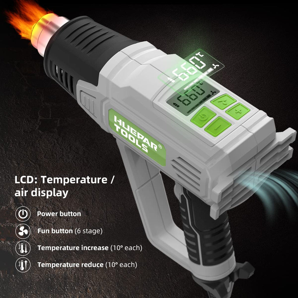 Huepar Tools 2300W Heißluftfön mit Groß LCD-Digitalanzeige, Heißluftpistole 50℃-660℃ Temperatur und Luftstrom einstellbar, mit 10 Zubehör, Keramik-Heizkern Heissluftföhn, Kühlfunktion, Überlastschutz