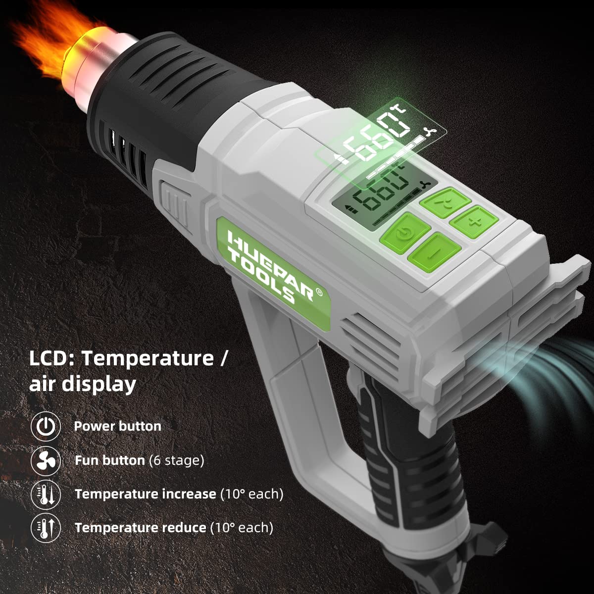 Huepar Tools 2300W Heißluftfön mit Groß LCD-Digitalanzeige, Heißluftpistole 50℃-660℃ Temperatur und Luftstrom einstellbar, mit 10 Zubehör, Keramik-Heizkern Heissluftföhn, Kühlfunktion, Überlastschutz