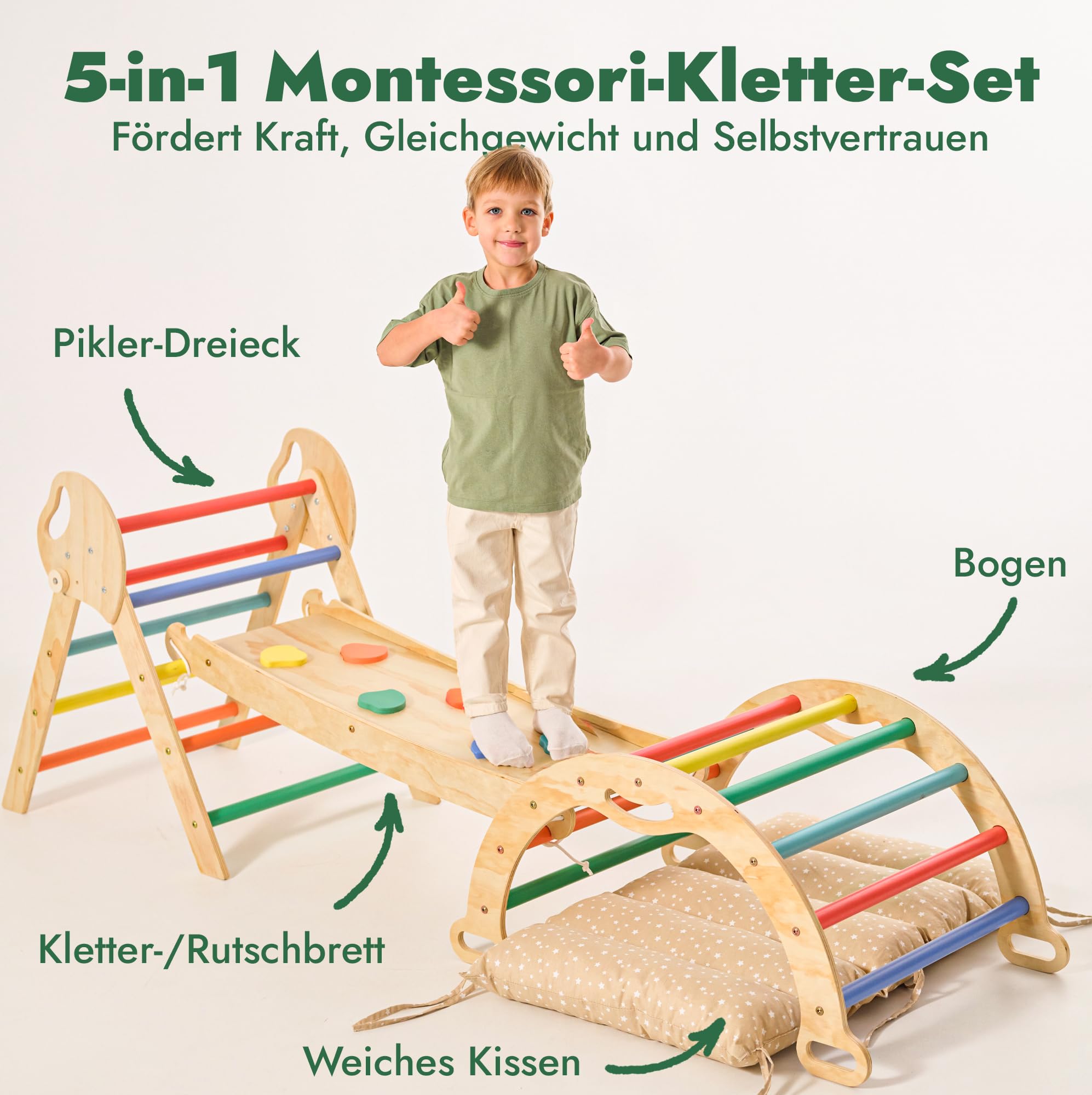 Goodevas 5-in-1 Montessori Klettergerüst Set: Indoor Kletterdreieck, Kletterbogen mit Kissen, und Rutsche für Kinder, Indoor Spielplatz 1-3 Jahre