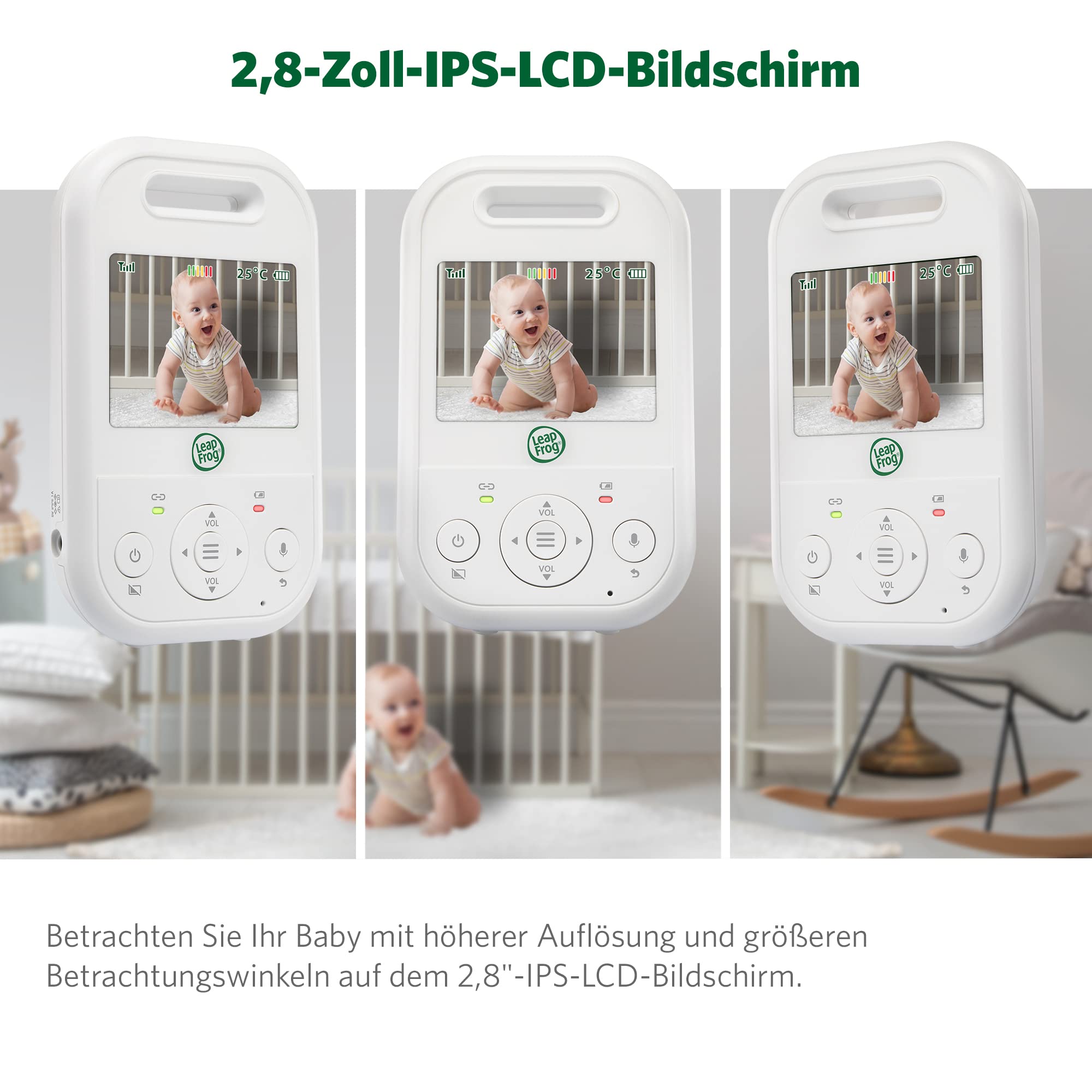 LeapFrog LF2423 Baby Monitor with Camera, Long Range, 2.8 Inch Video LCD Display, 2X Zoom, Temperature Sensor, Noise Activation Mode, Intercom, Long Battery Life, 720p