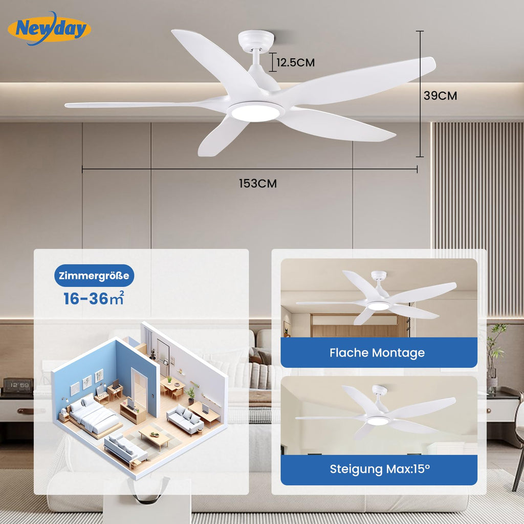 Newday Deckenventilatoren Große 153CM, Deckenventilator Weiß mit Beleuchtung und Fernbedienung Leise, Ventilator Lampe Decke mit 5 Flügel, Motor DC Reversibel, Speicherfunktion, Stufenloser Dimmer