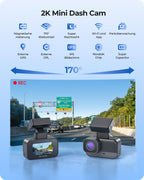 Krunia 2K WiFi Mini Dashcam Auto, Frontkamera mit App, CPL-Unterstützung, Externes GPS, WDR-Nachtsicht, 24Std Parküberwachung, Magnethalterung, Superkondensator, 170° Weitwinkel Kamera