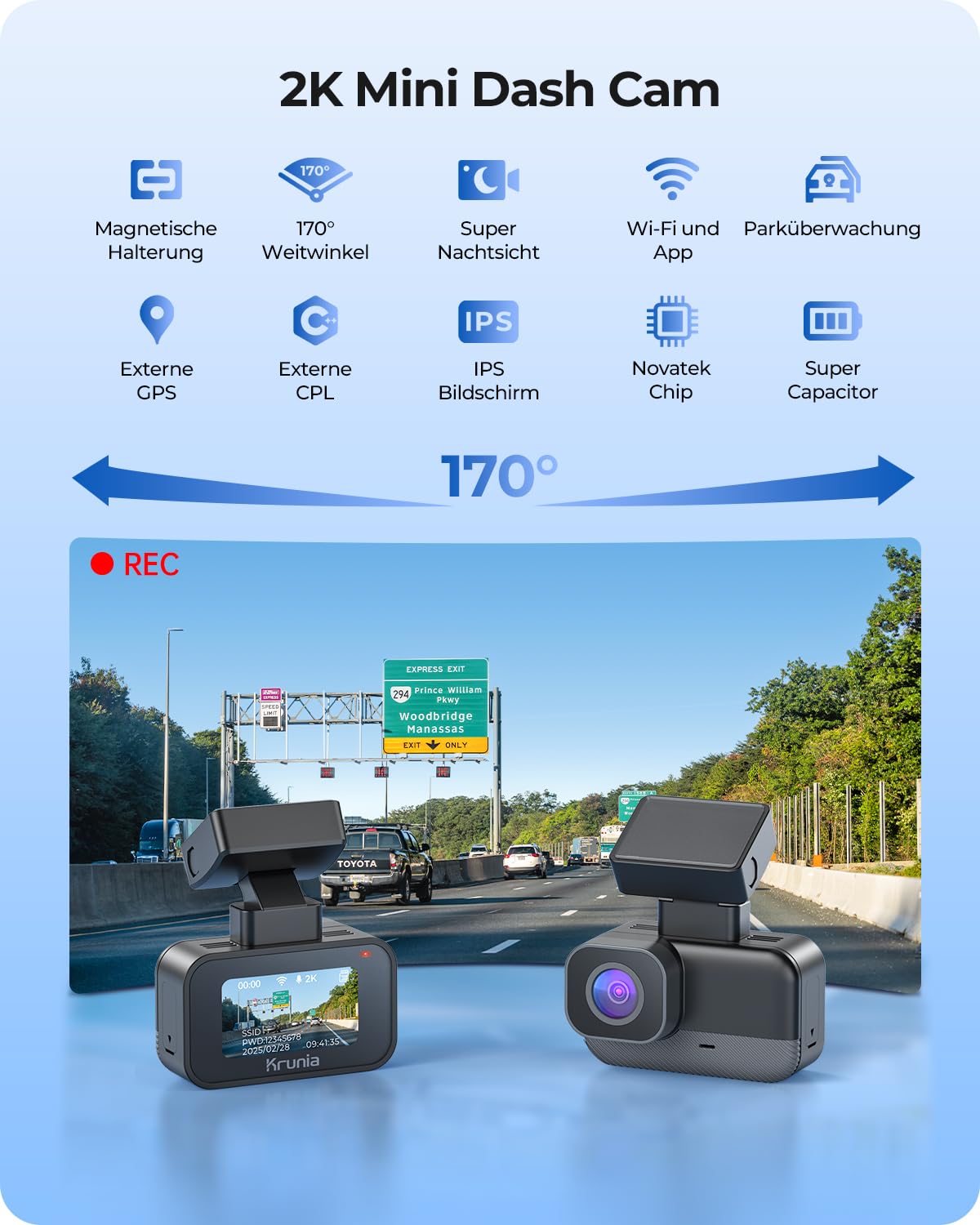 Krunia 2K WiFi Mini Dashcam Auto, Frontkamera mit App, CPL-Unterstützung, Externes GPS, WDR-Nachtsicht, 24Std Parküberwachung, Magnethalterung, Superkondensator, 170° Weitwinkel Kamera