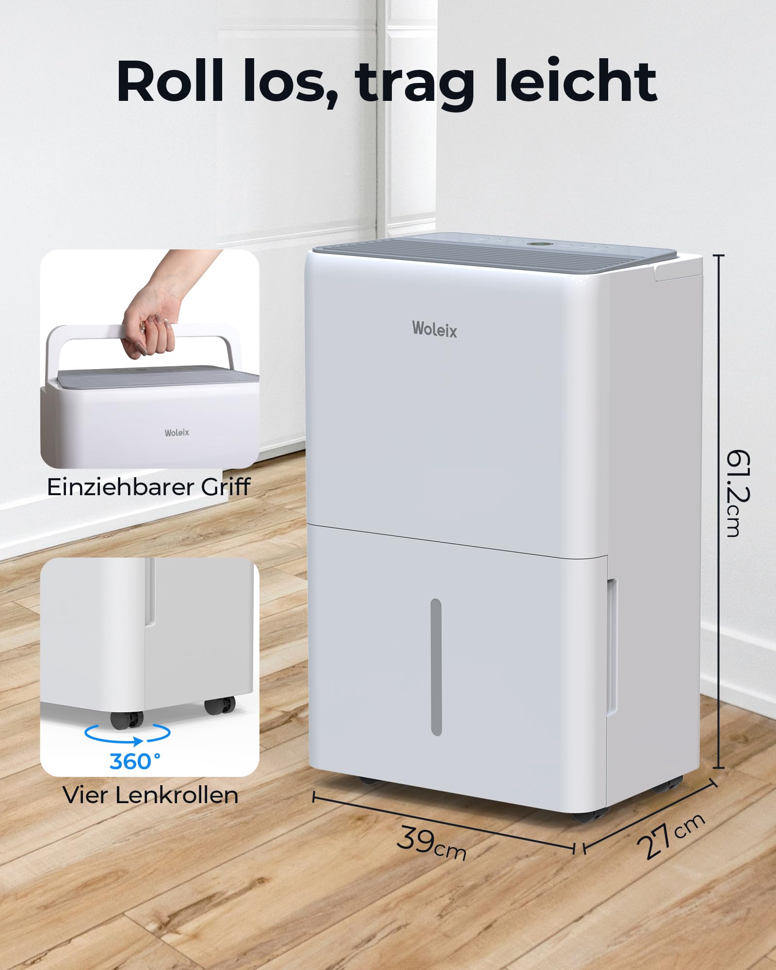 Woleix Luftentfeuchter elektrisch 50L, Entfeuchter elektrisch für Keller, Raumentfeuchter elektrisch 43dB für Räume bis zu 320m³/125m², mit Timer, Filter und 1M Ablaufschlauch, 10 J. Gar.