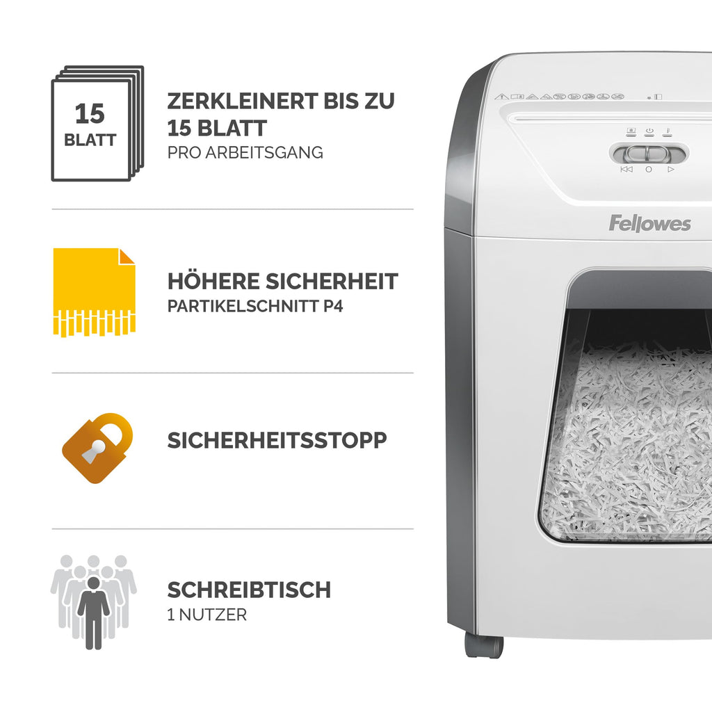 Fellowes Aktenvernichter für das Büro zu Hause - 15 Blatt Querschnitt Aktenvernichter für den Schreibtisch - Powershred 15C Home Shredder mit 19L Auszugsbehälter - Hochsicherheitsstufe-P4 - Weiß