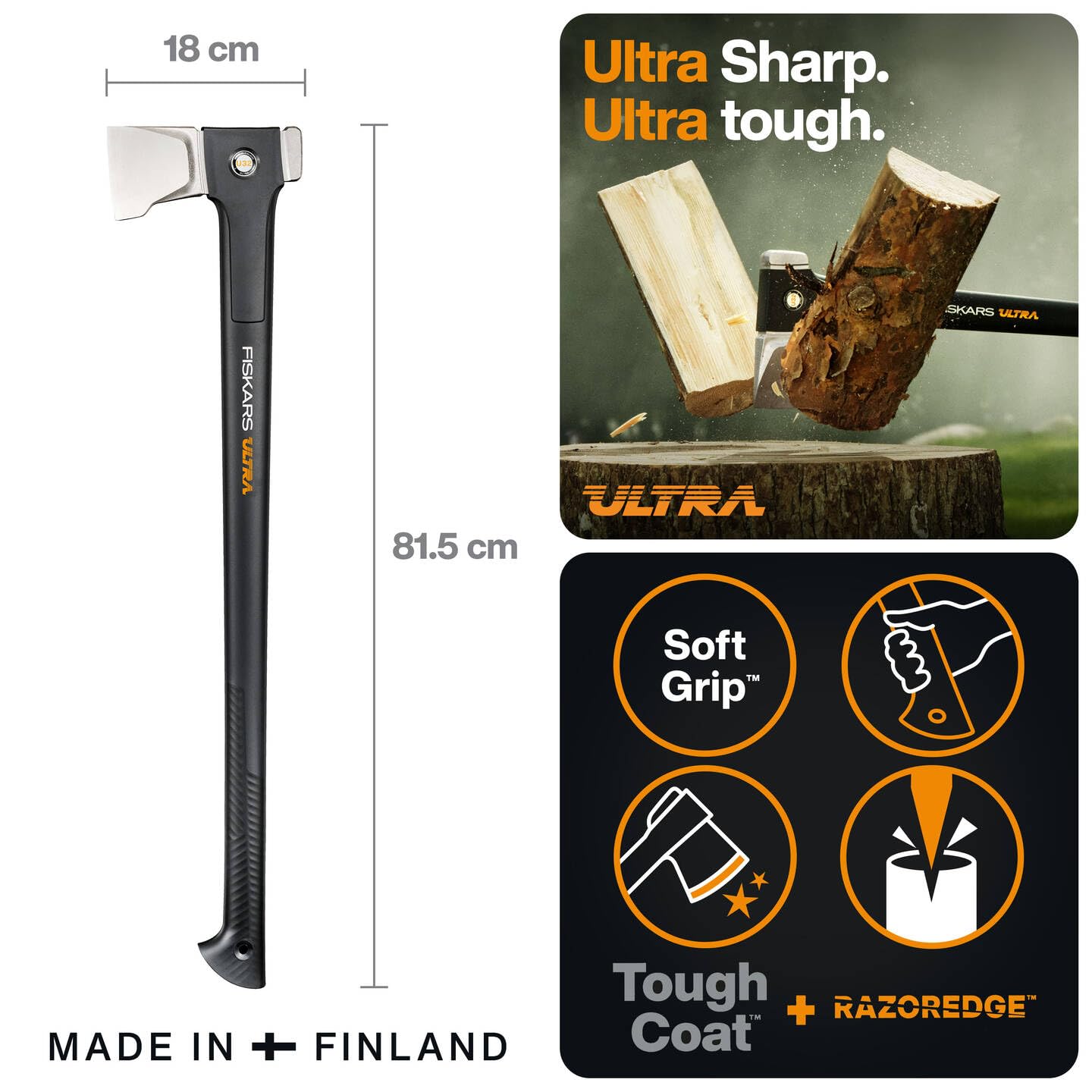 Fiskars Ultra Spaltaxt U32, Leistungsstarke Axt zum Spalten großer Holzstämme, ToughCoat-Beschichtung, Optimierte Balance, Karbonstahl-Klinge/FiberComp-Stiel, 81,5 cm, Schwarz, 1086011