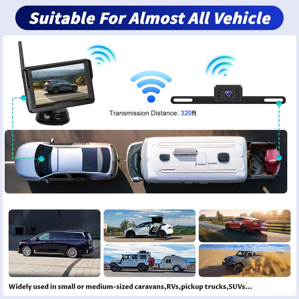OiLiehu Kabellose Digitale Rückfahrkamera Set, IP68 Infrarot Nachtsicht AHD Kamera, 1080P Funk Rückfahrkamera mit 5" IPS Monitor, für Auto DC 12V