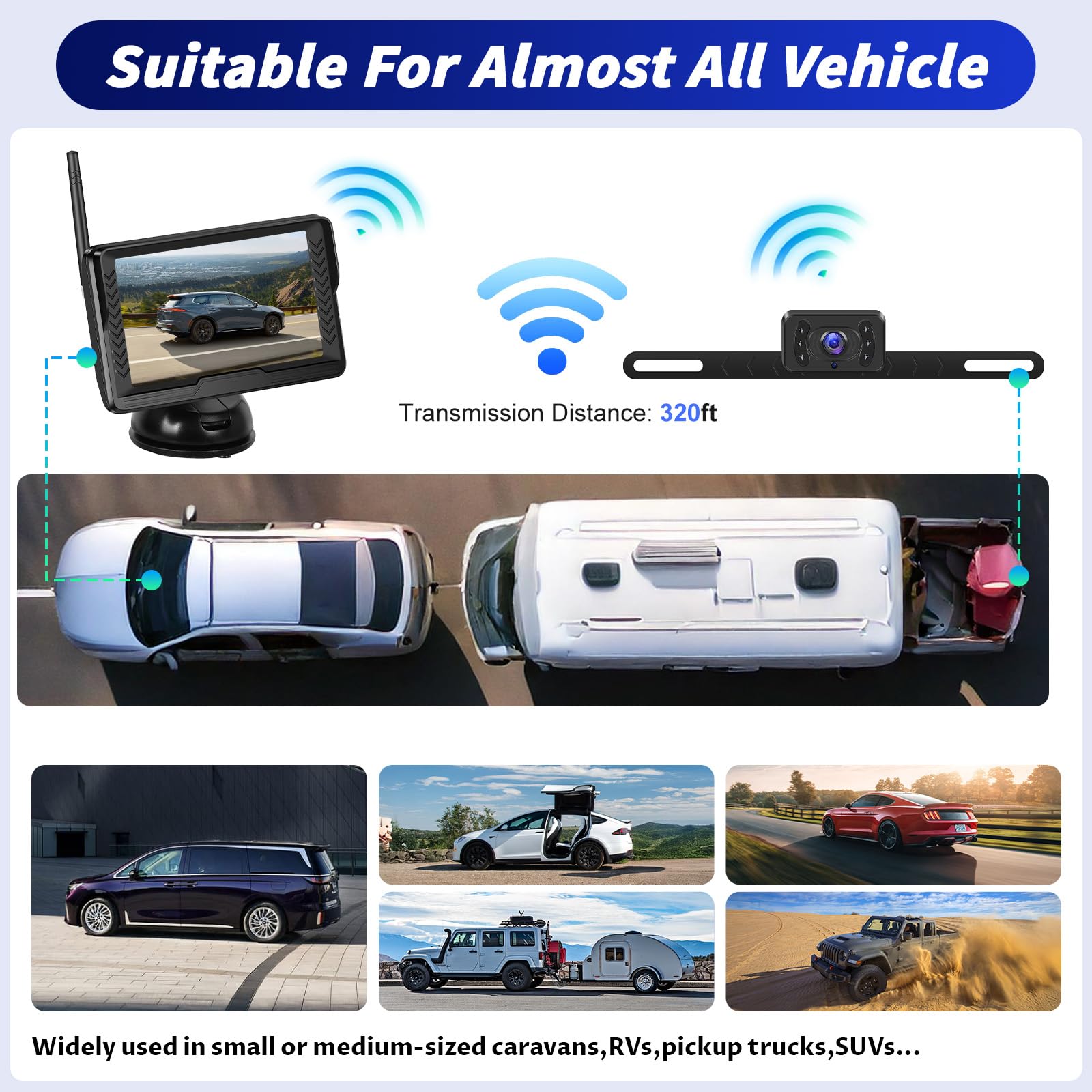 OiLiehu Kabellose Digitale Rückfahrkamera Set, IP68 Infrarot Nachtsicht AHD Kamera, 1080P Funk Rückfahrkamera mit 5" IPS Monitor, für Auto DC 12V