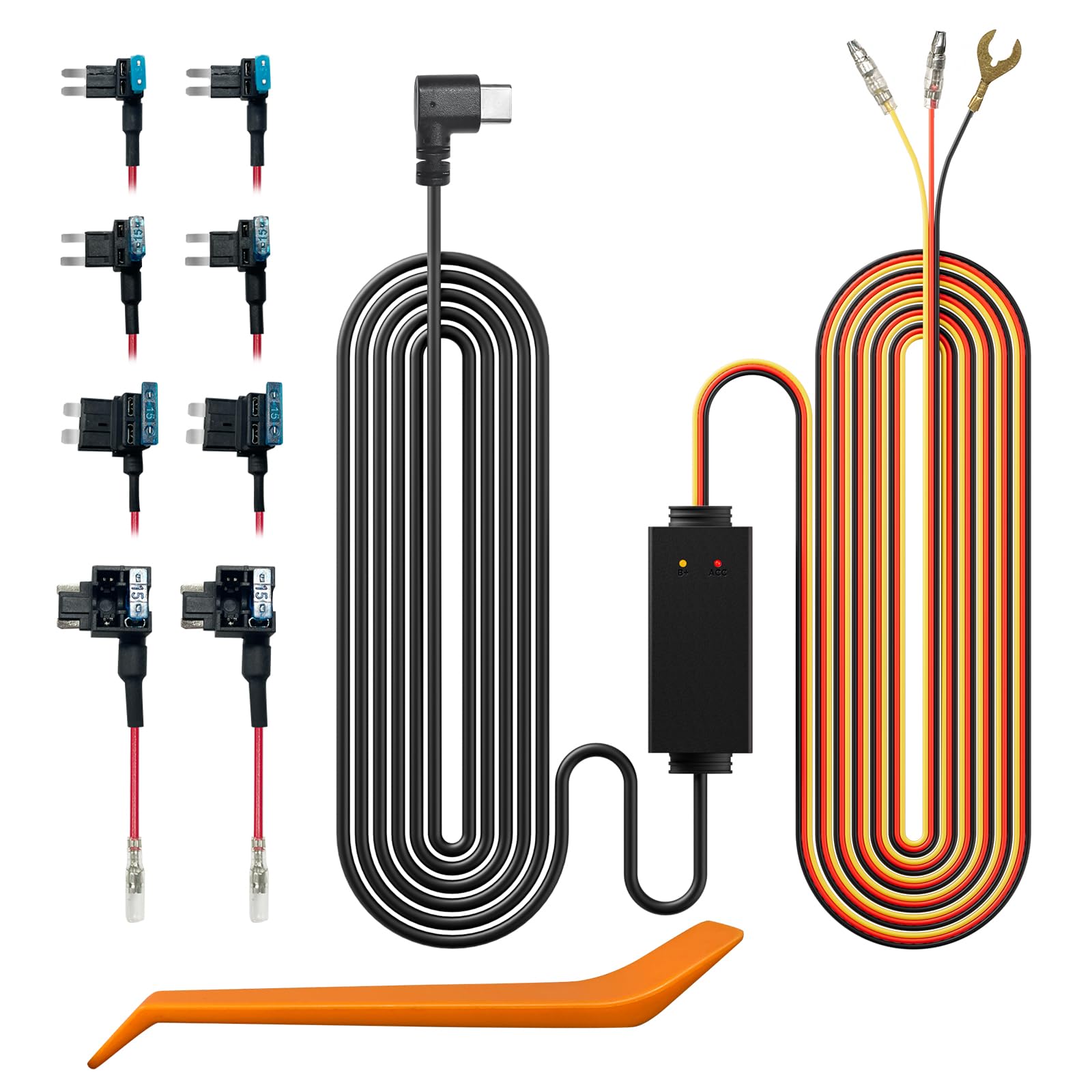 REDTIGER Dashcam Multi-Size Hardwire-Kit mit doppelter Kontrollleuchte, USB-C-Netzanschluss, inklusive 4 Arten von Sicherungs-Adaptern, 24-Stunden-Parküberwachung mit Niederspannungsschutz