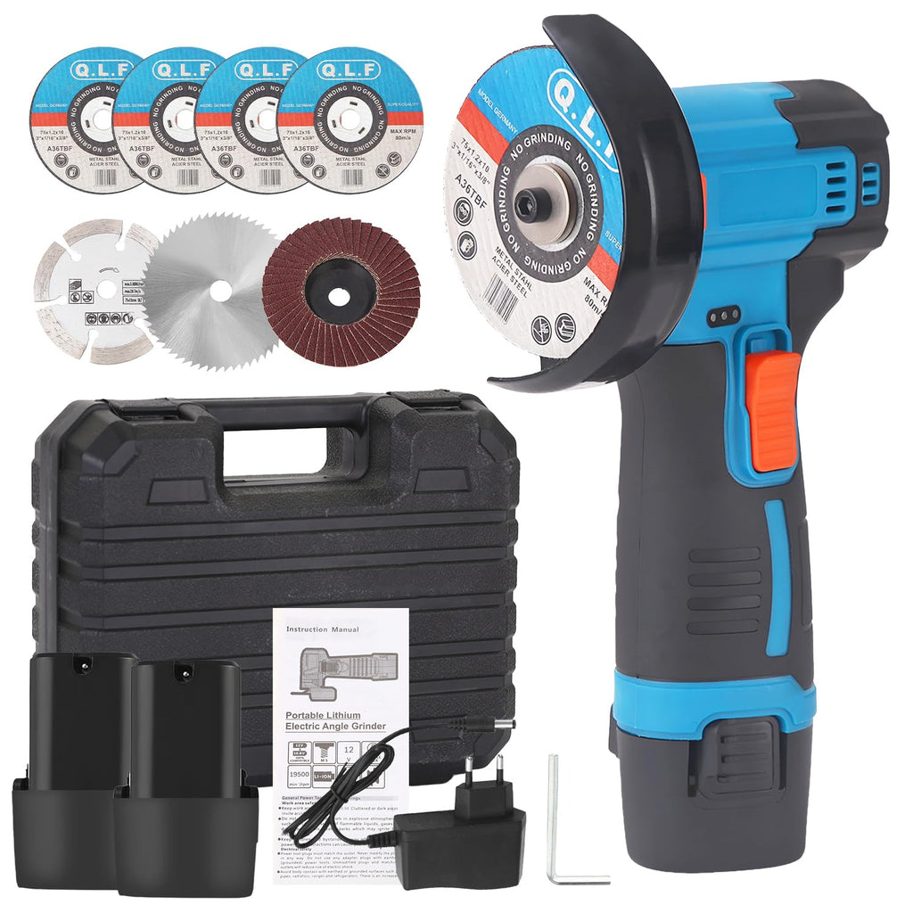 Mini Winkelschleifer Akku, Professional Winkelschleifer mit 2 x Batterien 4500mAh, 19500 rpm, Mini Akku Flex mit 7 Trennscheiben 75MM zum Schneiden, Polieren, Schärfen
