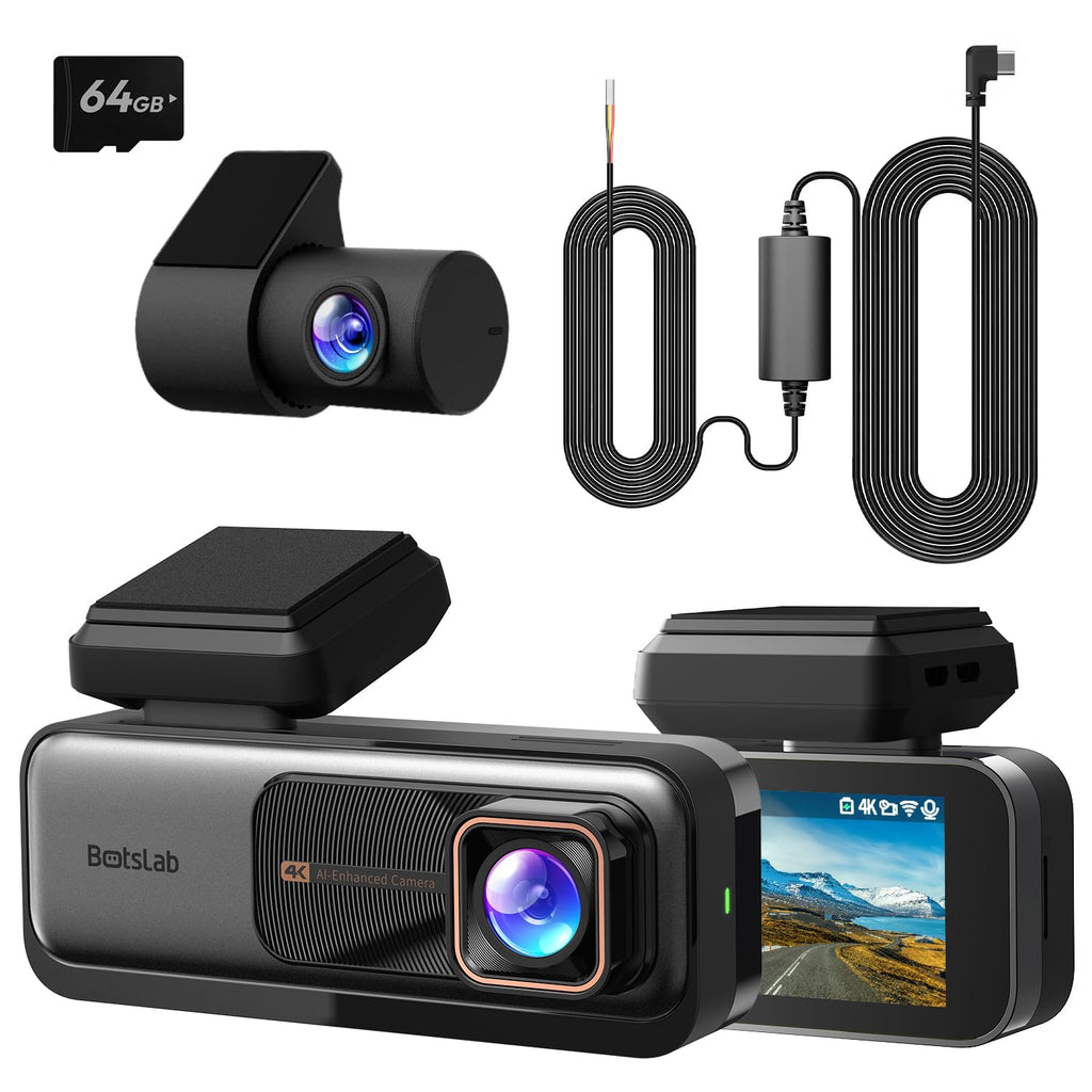 BOTSLAB Dashcam Auto Vorne Hinten 4K+2K mit GPS WiFi und Hardwire-Kit, Dash Cam Auto Kamera mit ADAS, Kostenlose 64-GB-Karte, 24/7 Parküberwachung, 2,45" IPS, Nachtsicht, WDR, 170°Weitwinkel