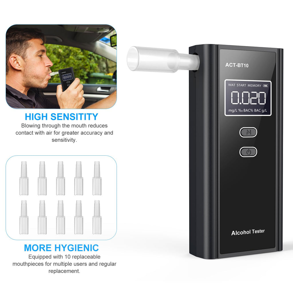 Milduall Alkoholtester Polizeigenau, Professioneller Alkoholmessgerät mit digitaler LCD-Anzeige Promillemessgerät Atemalkoholtester mit 10 Mundstücken, Gradgenauigkeit für Outdoor Patry