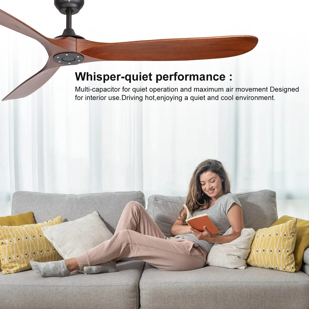 reiga 178 cm Holz Deckenventilator mit Fernbedienung, 6 Geschwindigkeiten, Leise DC Motor, 3 Holz Flügeln, Sommer Winterbetrieb für Schlafzimmer, Wohnzimmer, Terrasse