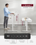 VASAGLE Höhenverstellbarer Schreibtisch elektrisch, 120 x 60 cm Tischoberfläche, Memory-Funktion mit 4 Höhen, mit Steckdosen und Stoffschubla, wolkenweiß-golichenfarben LSD112W01