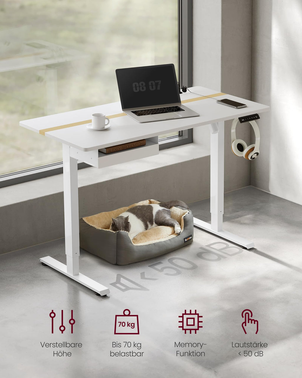 VASAGLE Höhenverstellbarer Schreibtisch elektrisch, 120 x 60 cm Tischoberfläche, Memory-Funktion mit 4 Höhen, mit Steckdosen und Stoffschubla, wolkenweiß-golichenfarben LSD112W01