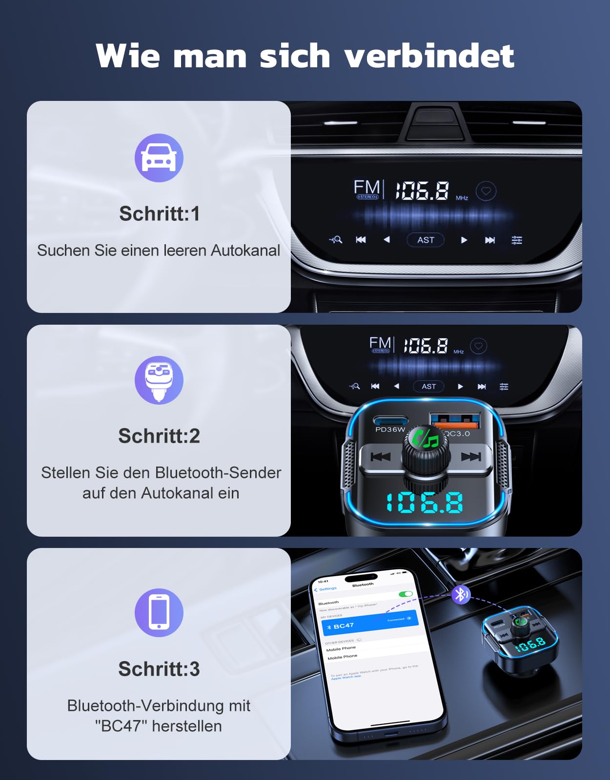 Glangeh FM Transmitter Auto Bluetooth Schnelles Autoladegerät 54W (PD 36W & QC3.0 18W) - Dual Mikrofon Bluetooth Adapter Auto Zigarettenanzünder, unterstützt Siri-Assistent & Freisprecheinrichtung