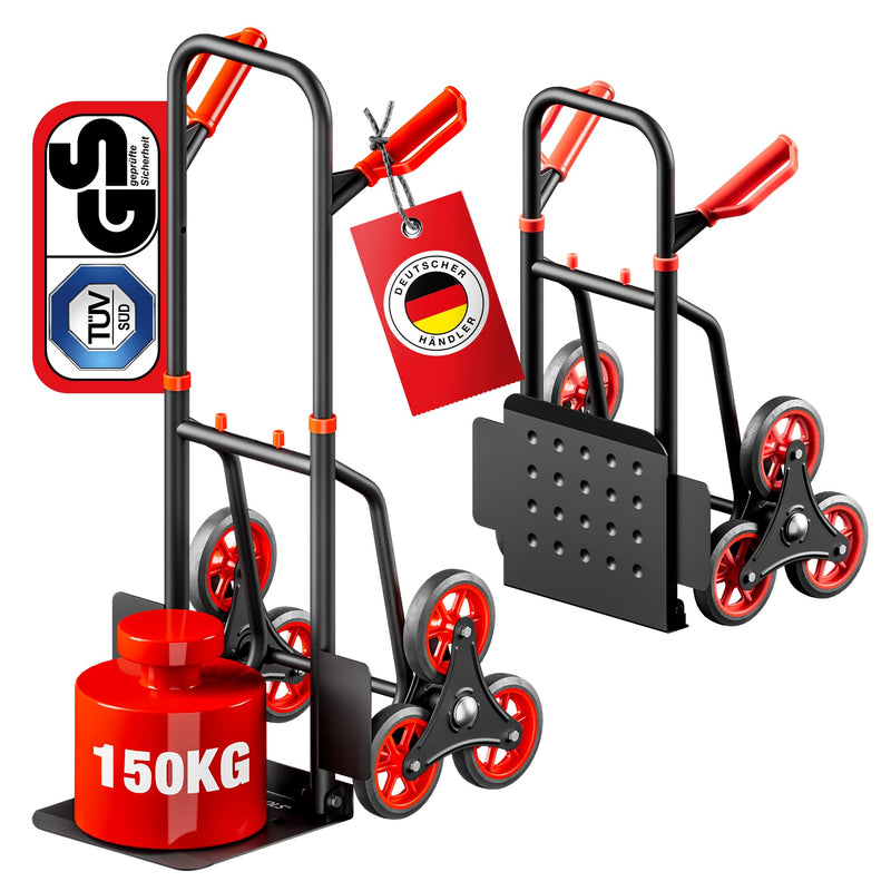 ATHLON TOOLS Treppensteiger-Sackkarre klappbar 150kg TÜV geprüft – Stahlrahmen mit TPR-Rädern, große Räder leichtgängig & stoßarm, platzsparend zusammenklappbar