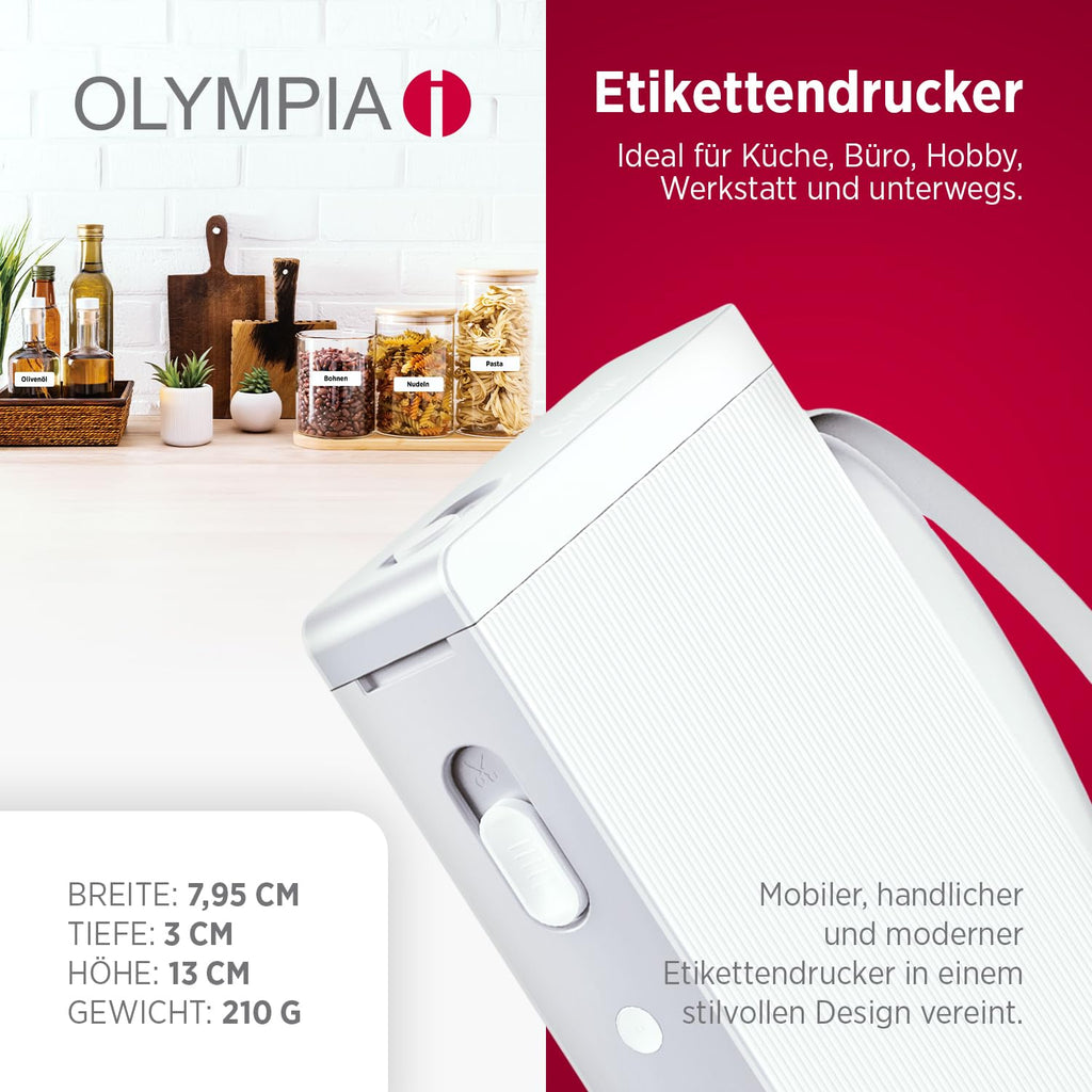 Olympia P22 Etikettendrucker | Etikettiergerät für Home Office & Bürobedarf | Bluetooth-Thermodrucker für Küche, Büro & Hobby | Label Printer für Endlospapier | Wasserfest & Abriebfest (Weiß)