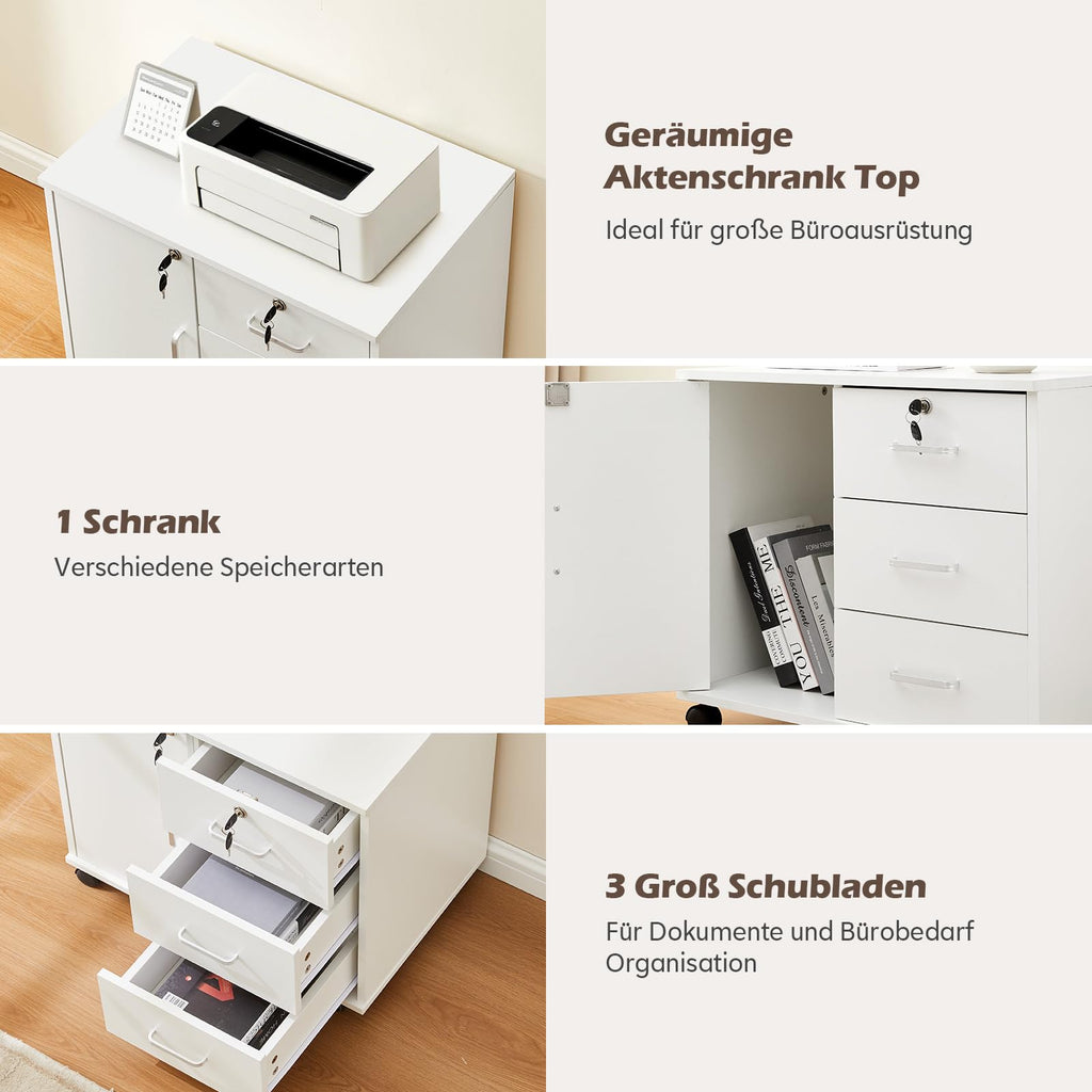 TUKAILAI Rollcontainer Abschließbar, Mobiler Aktenschrank mit 3 Schubladen und Schrankfach, 4 Rollen, Schubladenschrank für Büro und Home Office, Weiß