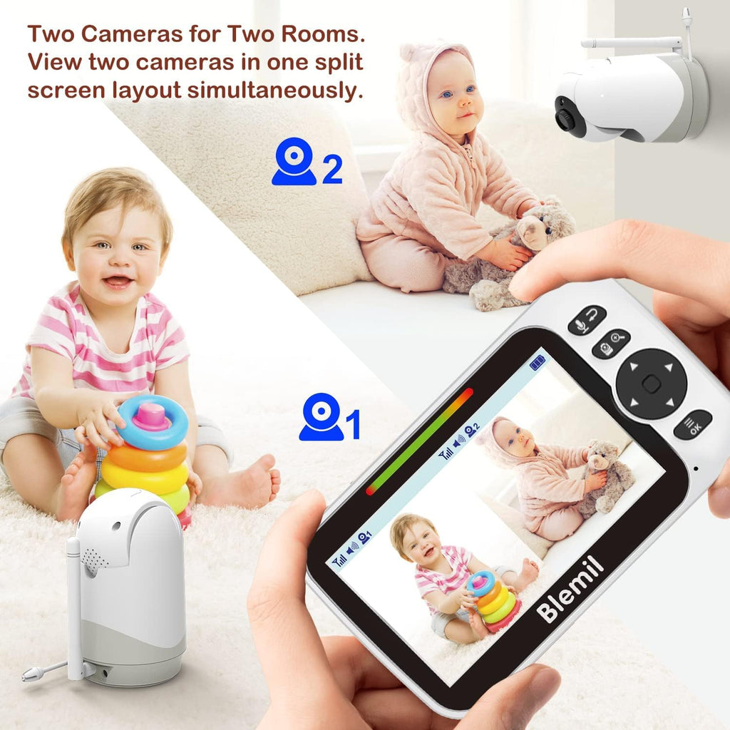 Blemil Babyphone mit 2 Kameras und Audio 30 Stunden wiederaufladbare Batterie, 5" großer geteilter Bildschirm, ferngesteuerte Schwenk-/Neige-/Zoom-Kamera, Zwei-Wege-Gespräch, Nachtsicht, kein WiFi
