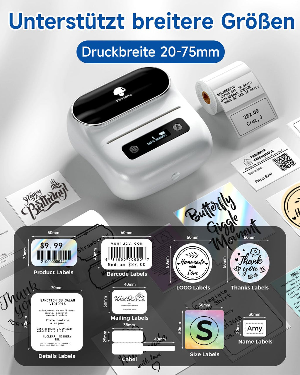 Phomemo M220 Etikettendrucker Bluetooth, Tragbarer Etikettiergerät Bluetooth Thermo Label Printer für Barcode,Einzelhandel,kleine Unternehmen,mit Telefonen & PC-System Weiß