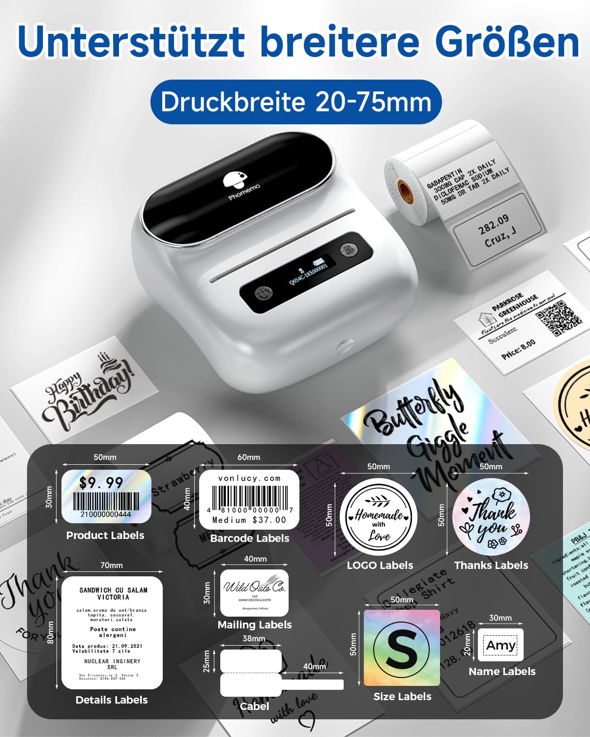 Phomemo M220 Etikettendrucker Bluetooth, Tragbarer Etikettiergerät Bluetooth Thermo Label Printer für Barcode,Einzelhandel,kleine Unternehmen,mit Telefonen & PC-System Weiß