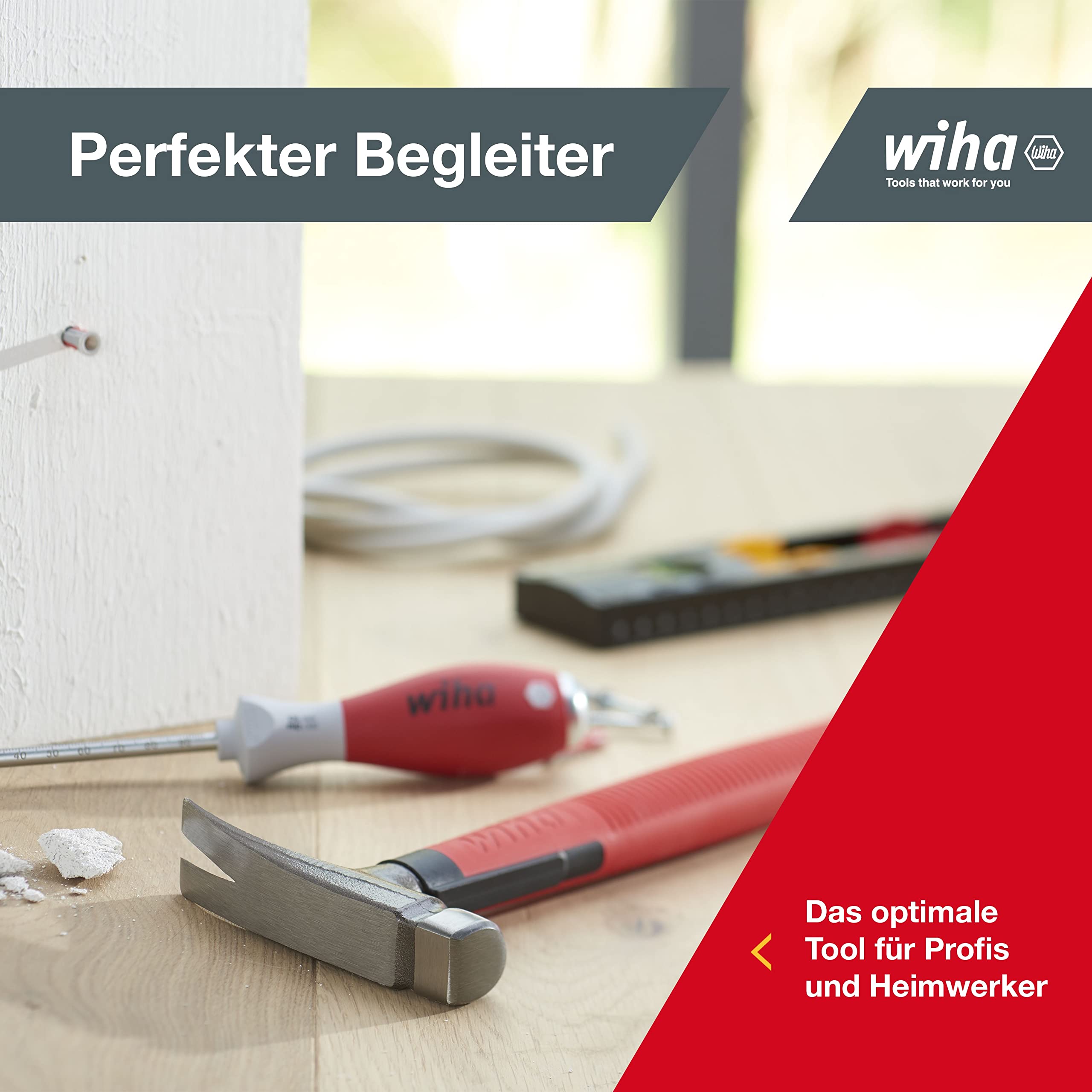 Wiha Elektriker Hammer 300g (42071), Werkzeug für Elektriker für elektrische Arbeiten, flacher Boden des Hammerstiels zum Platzieren von Kabeln und Dübeln