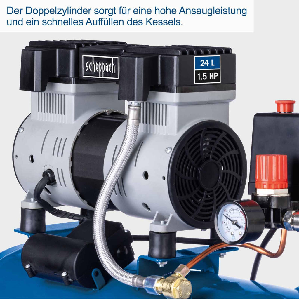 Scheppach HC26Si Ultra Silent Kompressor 24L | 1100W | 8bar | 66 dB(A) leise | ölfrei & wartungsarm | Ansaugleistung 162L/min | Leisekompressor Doppelzylinder Flüsterkompressor | mit 14-tlg Zubehörset