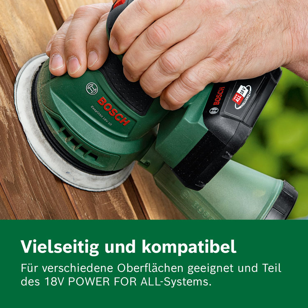 Bosch Akku-Exzenterschleifer EasyOrbit 18V-10 (Schleifen von kleinen bis mittelgroßen Holzoberflächen sowie lasierten und lackierten Oberflächen; Durchmesser: 125 mm; 18 Volt System; ohne Akku)