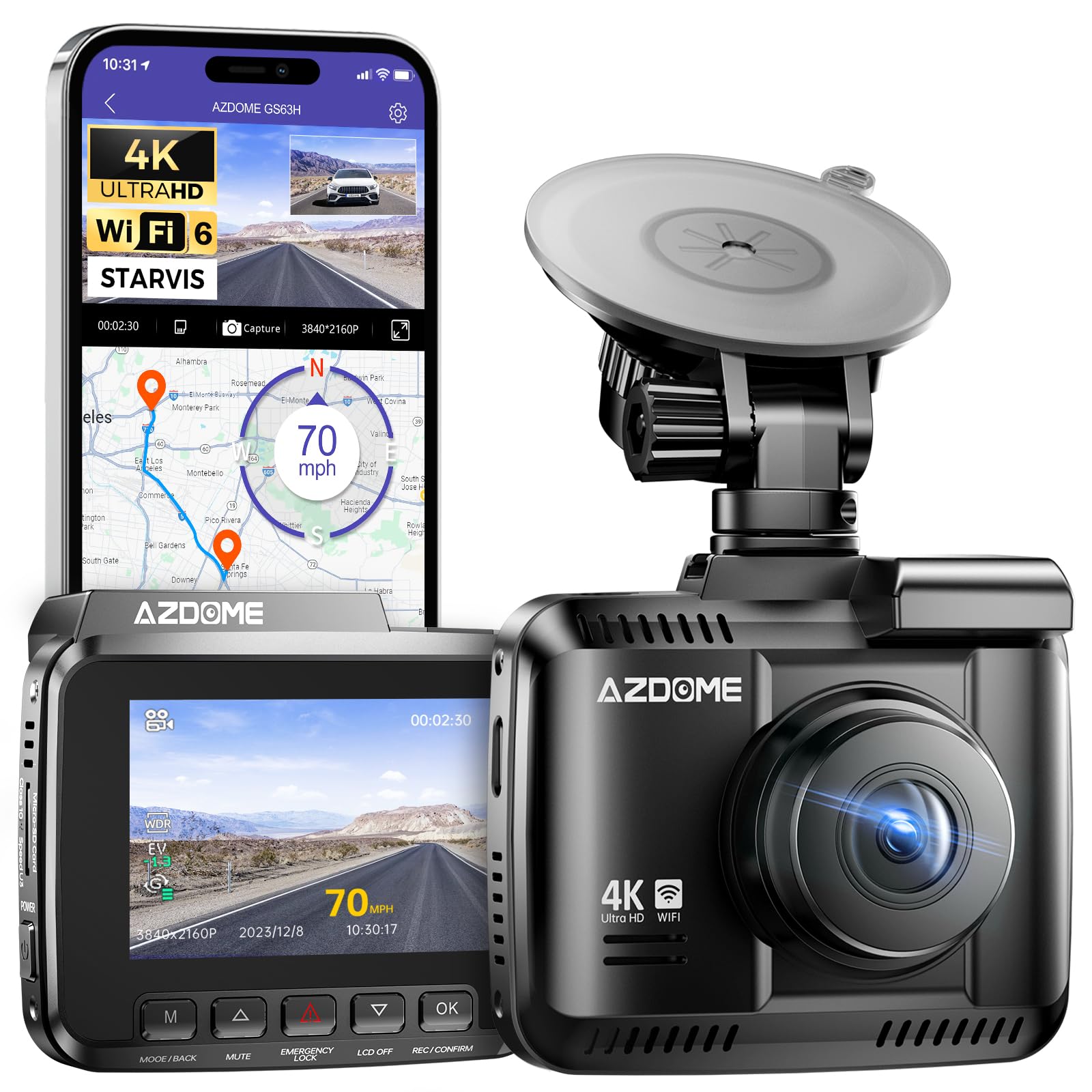 AZDOME Dashcam Auto mit 4K Auflösung, WiFi Autokamera mit GPS, Dash Camera mit Nachtsicht, 170°Weitwinkel, WDR, 2,4" IPS, 24/7 Parküberwachung, Bewegungserkennung, Loop-Aufnahme(GS63H)
