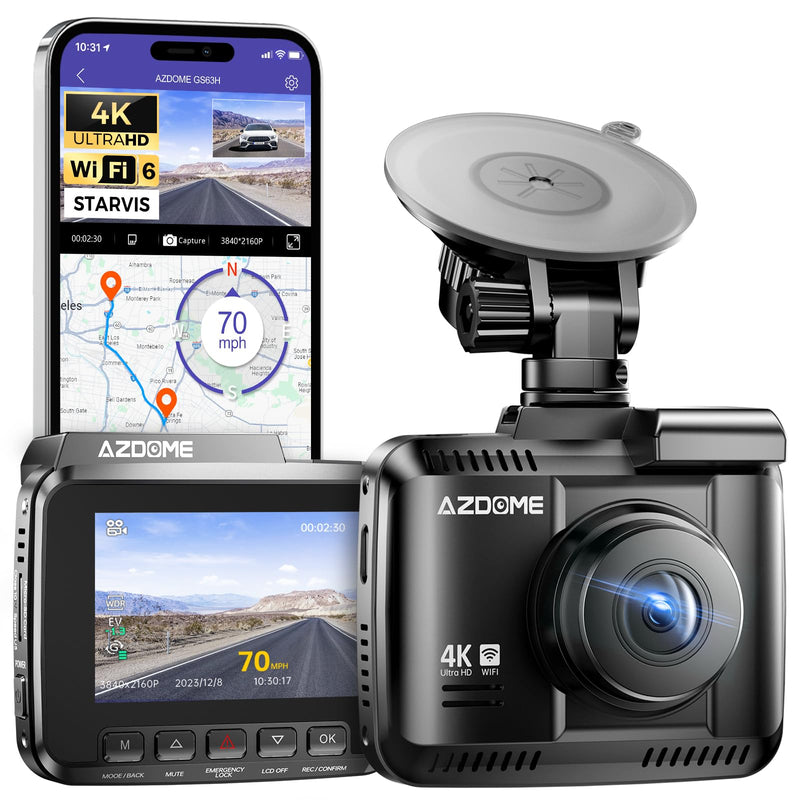 AZDOME Dashcam Auto mit 4K Auflösung, WiFi Autokamera mit GPS, Dash Camera mit Nachtsicht, 170°Weitwinkel, WDR, 2,4" IPS, 24/7 Parküberwachung, Bewegungserkennung, Loop-Aufnahme(GS63H)