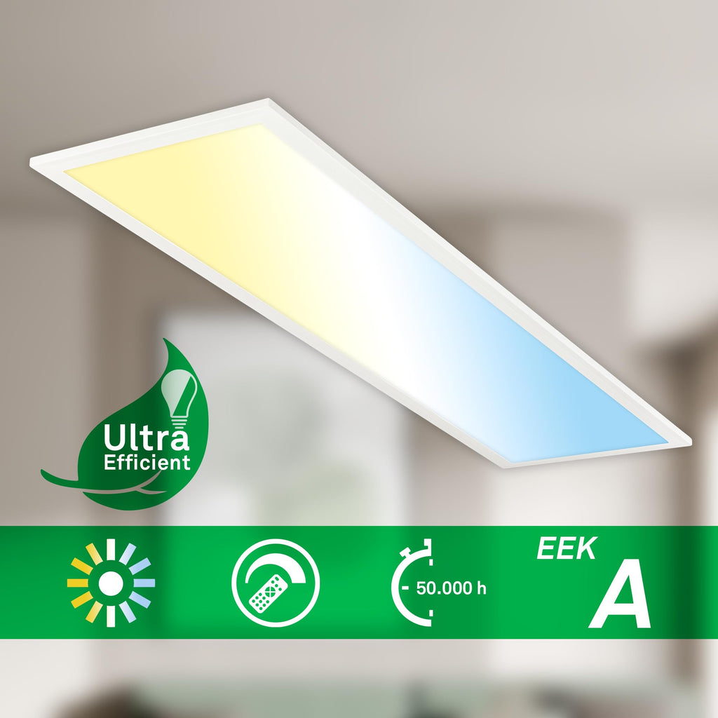 BRILONER - LED Deckenleuchte Effizienzklasse A, ca. 50.000h Licht, 12,6W, 2860lm, Fernbedienung, dimmbar, warmweiß bis kaltweiß, LED Lampe, LED Panel, Wohnzimmerlampe, Deckenlampe, 100x25x6 cm, Weiß