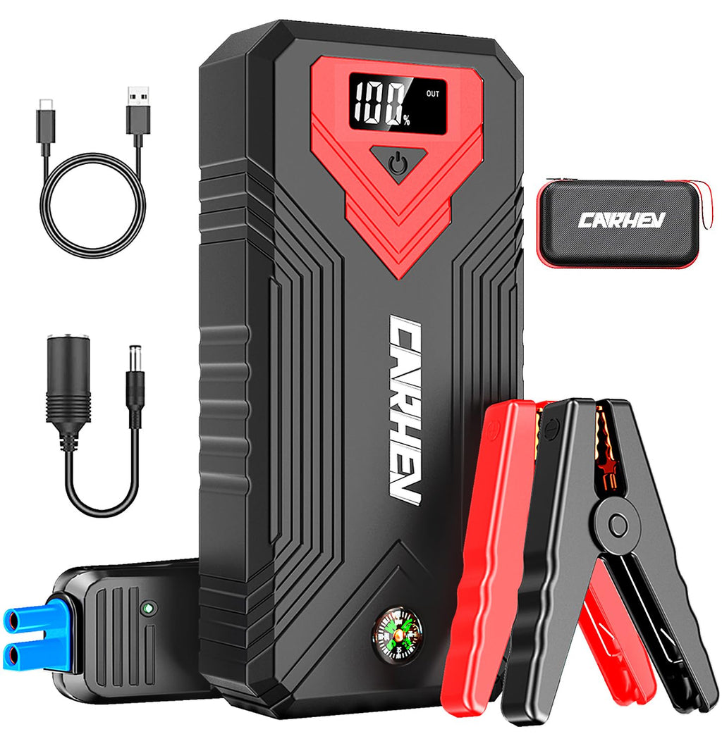 CARHEV Starthilfe Powerbank für pkw, 3000A Spitzenstrom Auto Starthilfe Powerbank mit LCD Display für bis zu 8L Benzin und 8L Dieselmotor, 12V Jump Starter mit USB Schnellladung und LED Taschenlampe