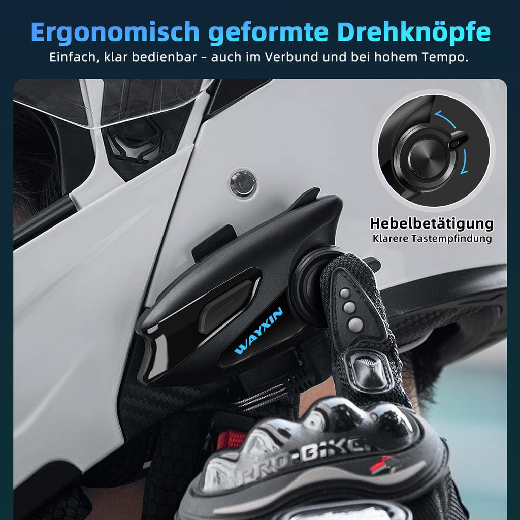 WAYXIN X6S Motorrad Intercom,integriertem Mesh Intercom System, Dual-Chip für Audio-Multitasking Kopfhörer,Helm Headset für bis zu 8 Motorräder,mit HiFi/Musik Teilen/FM/AI Sprache (Schwarz-2pcs)