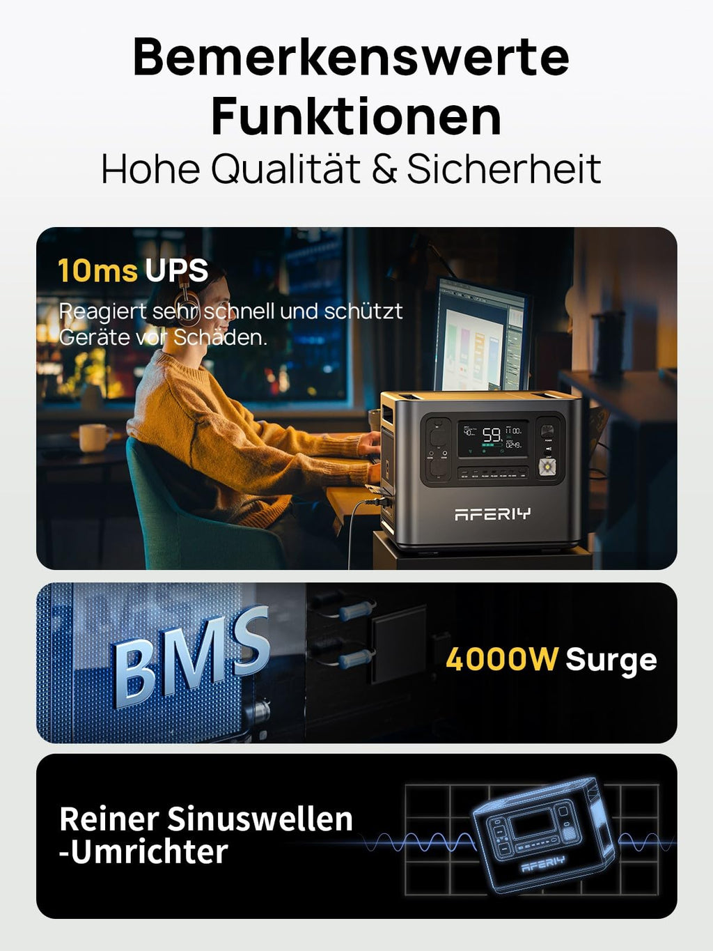 AFERIY 2400W Tragbare Powerstation, 2048Wh LiFePO4 Batterie, 1,7 Stunde Schnellladung, 13 Anschlüsse, Sinuswellen 230V, USV, Mobile Stromversorgung für Outdoors Camping, 7 Jahre Garantie