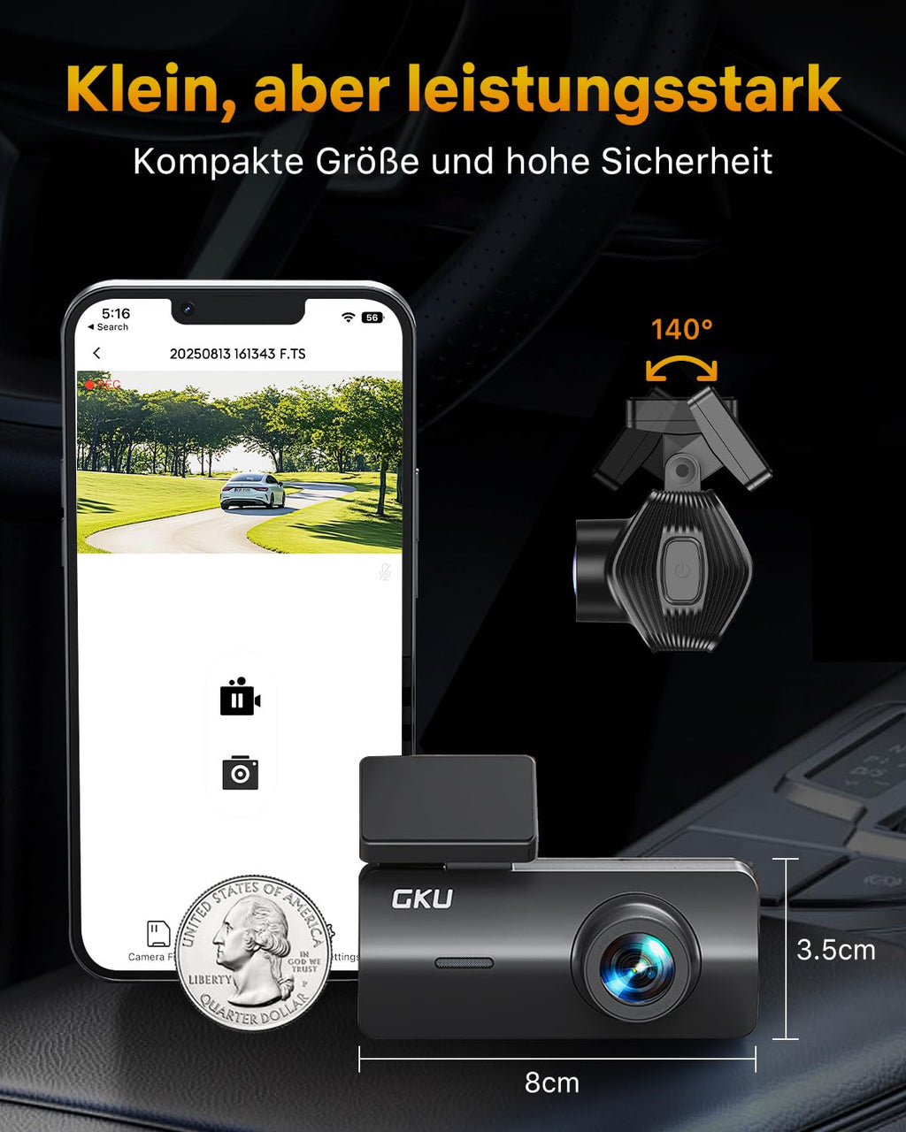GKU 4K Dashcam Auto,dashcam Auto vorne, Auto Kamera mit integriertem WLAN,170° Weitwinkel,Nachtsicht,WDR,24H Parküberwachung,Loop-Aufnahme,G-Sensor,Dash cam Vorne inklusive 64GB SD Karte