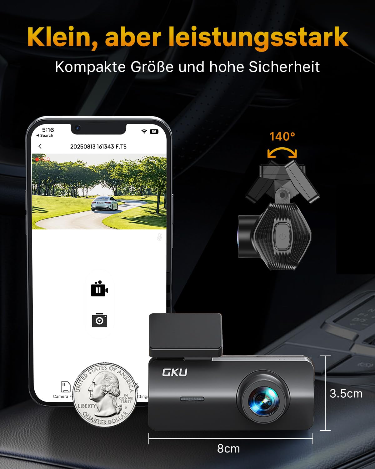GKU 4K Dashcam Auto,dashcam Auto vorne, Auto Kamera mit integriertem WLAN,170° Weitwinkel,Nachtsicht,WDR,24H Parküberwachung,Loop-Aufnahme,G-Sensor,Dash cam Vorne inklusive 64GB SD Karte