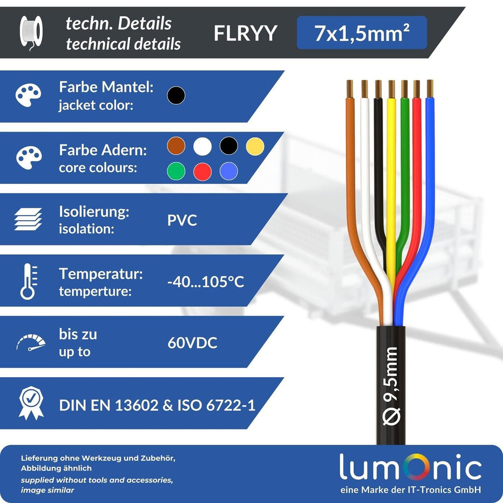 Lumonic 50m FLRYY Fahrzeugleitung 7x1,5mm² schwarz | 7-adrig | Anhängerkabel | mehradriges KFZ-Kabel | Öl- und Kraftstoffbeständig, flammwidrig | Niedervolt