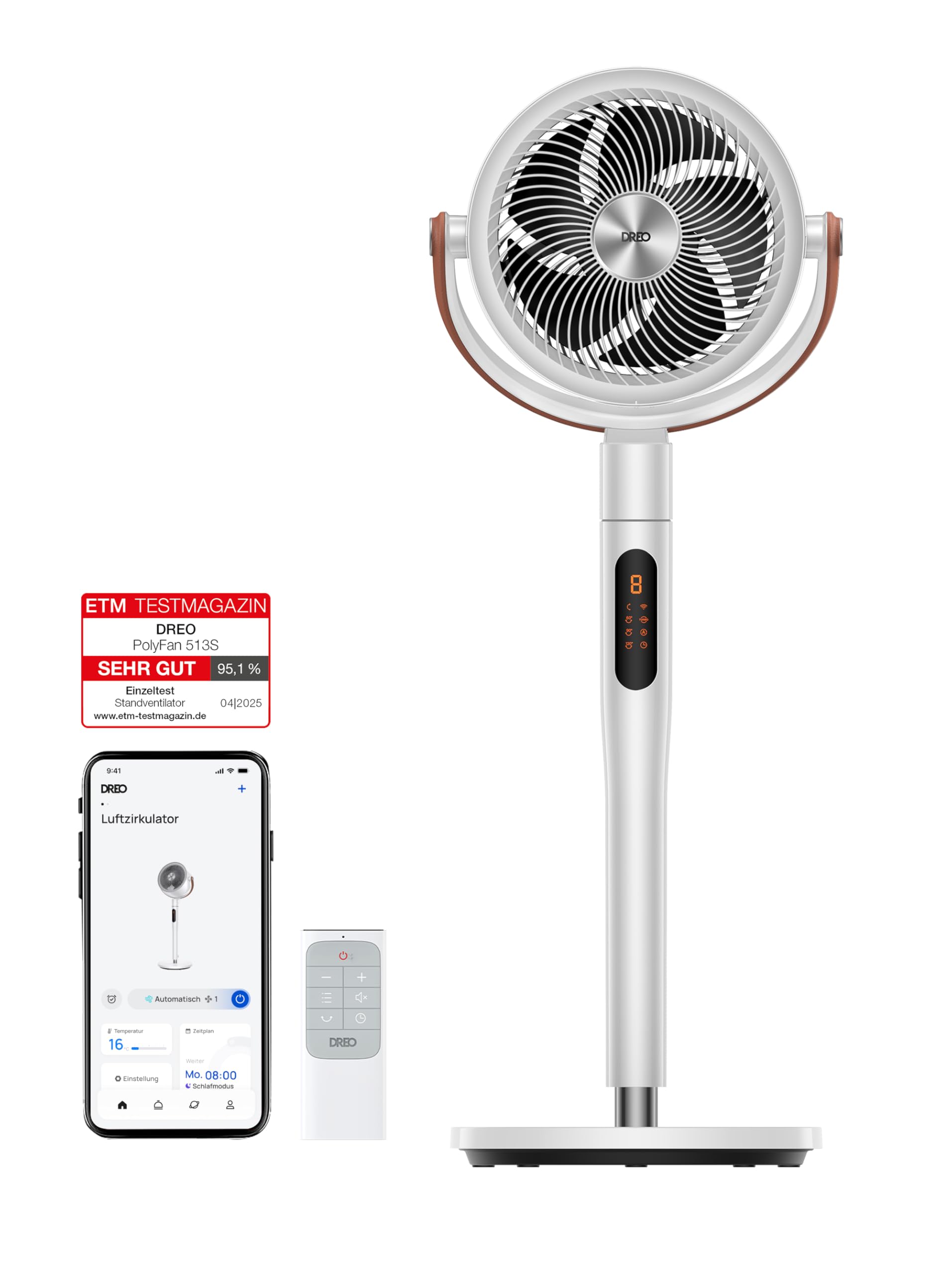 Dreo 25dB leiser Smart Standventilator, 30M Windentfernung 1650m³/h Luftvolume Turbo-Luftzirkulator 110CM Höhe 6 Modi 8-Geschwindigkeit 120°+105° Omni-direktional oszillierend Ventilator, PolyFan 513S
